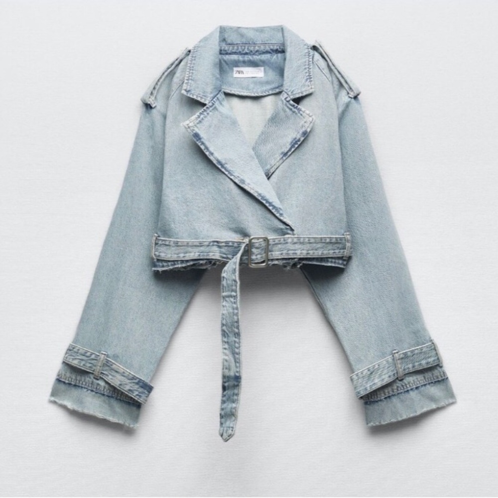 Zara TRF Denim Cropped Trench Coat Blue Jacket S